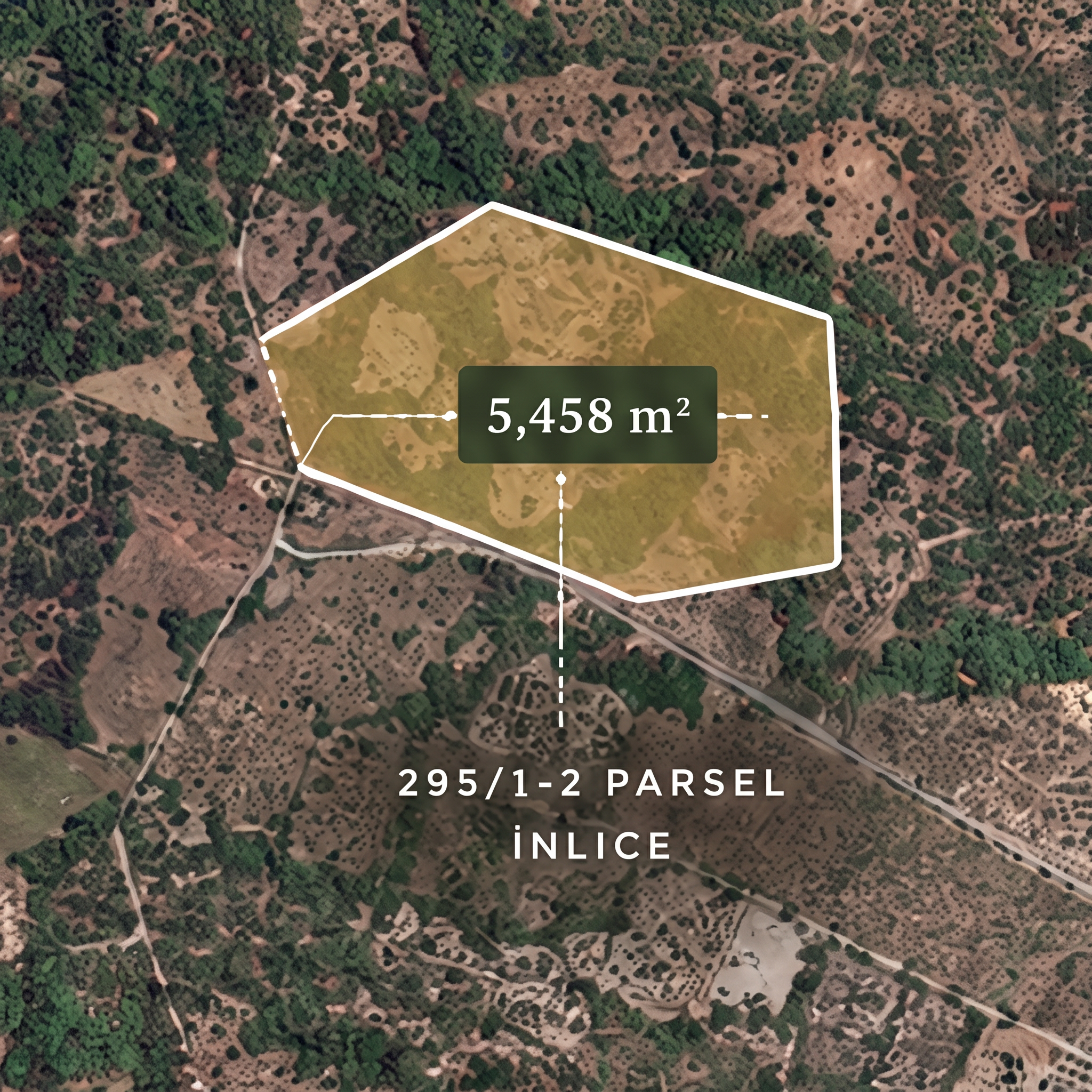 Aerial survey view of the 5,458 m² İnlice parcel near Göcek
